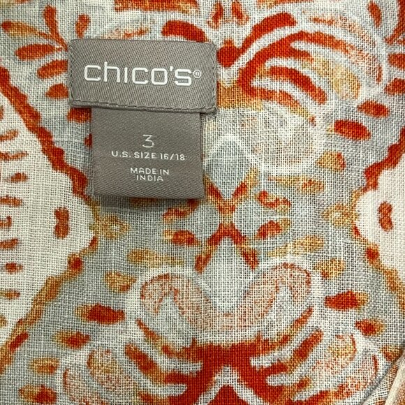 Chico's Linen Button Placket Tunic Top, Relaxed Fit, Print, Orange Cream, XL - Picture 4 of 9